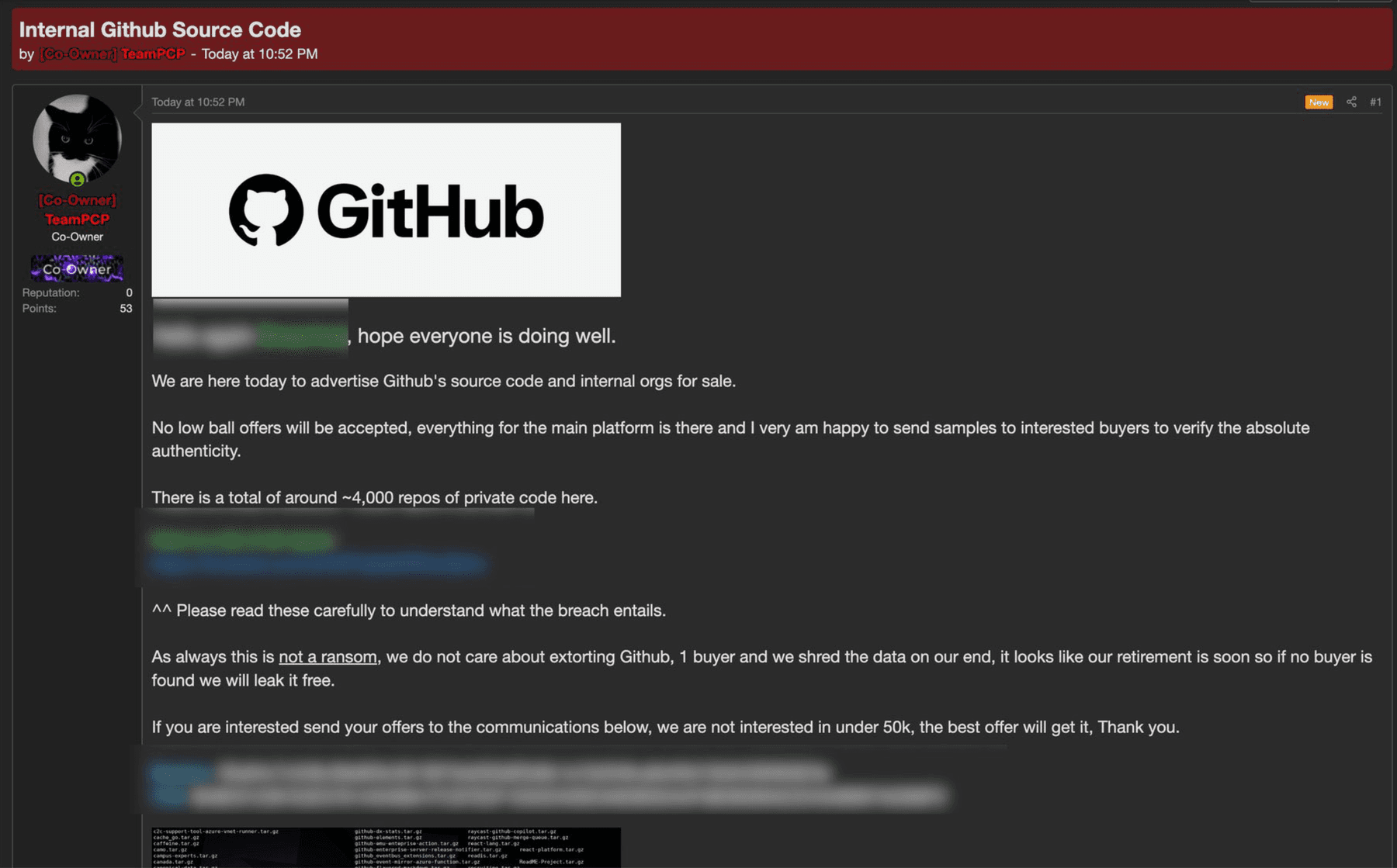 Redacted screenshot of a forum post advertising GitHub internal source code for sale