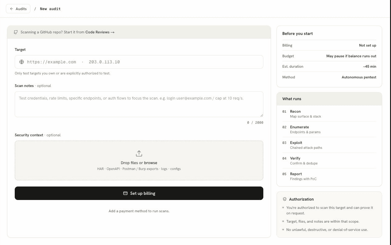 The BugBunny New Audit screen showing the target field, optional scan notes, security context upload, run stages, and authorization requirements.