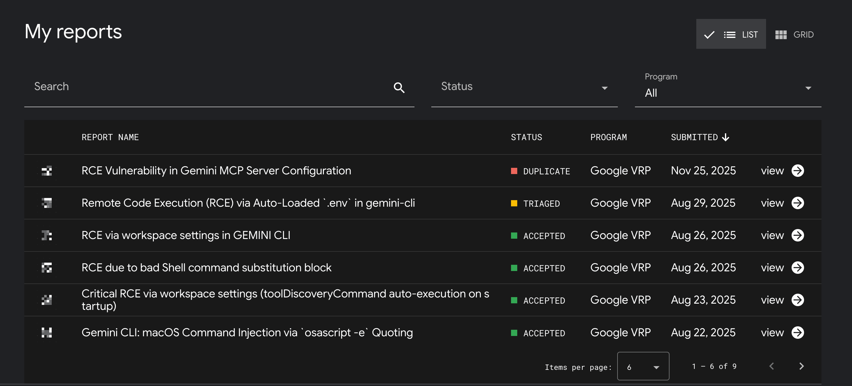 Google Bug Hunters Dashboard showing 5 accepted vulnerability reports